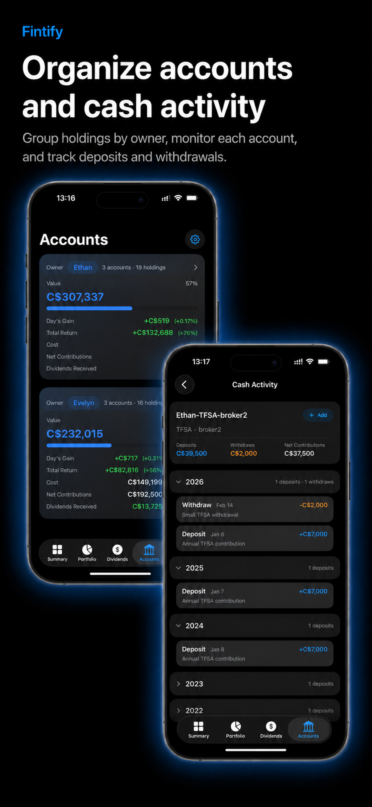 Organize accounts and cash activity